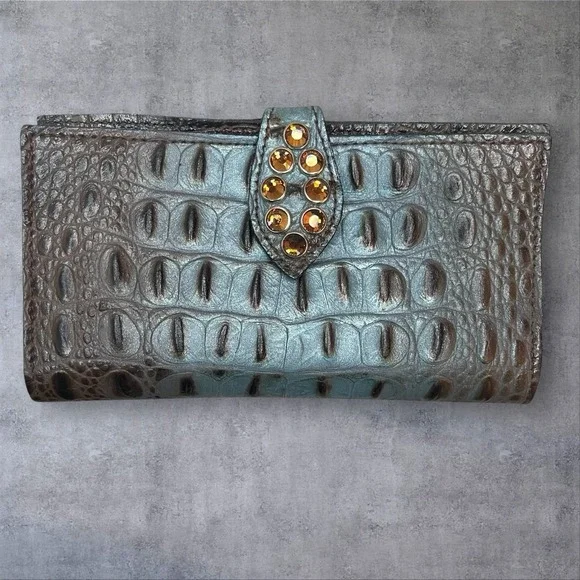 Raviani Croc Embossed Wallet & Wristlet SetWith Amber Color Crystals Bling